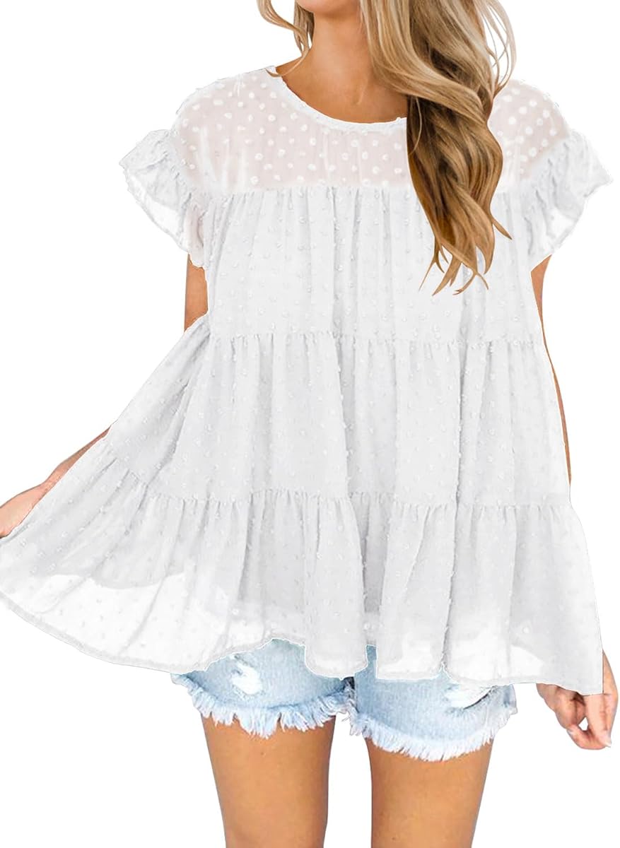 Babydoll Tops para mujer con lunares suizos y mangas con volantes, blusas fluidas y elegantes, camisas casuales de verano