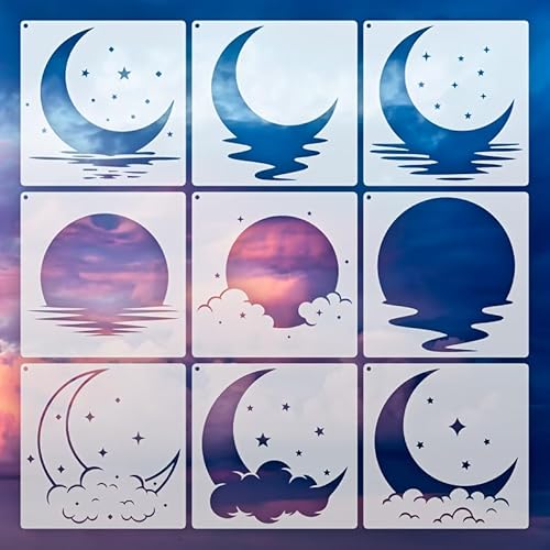 Moon and Stars Stencil Templates, 9-Piece Set, 6.3 x 6.3 Inch, for DIY Art, Painting, Scrapbooking