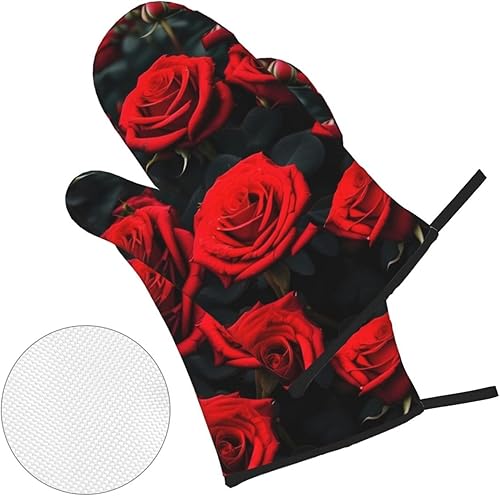 Miniatura 3 de Juego de manoplas y salvamanteles antideslizantes para horno y salvamanteles con diseño de rosas rojas, resistentes al agua, para hornear a la