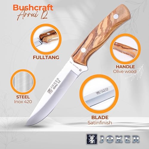 Miniatura 5 de Joker Cuchillo Bushcraft modelo Arrui12 CO63, mango de madera de olivo, hoja de acero inoxidable de 4.72 pulgadas, funda de cuero marrón,