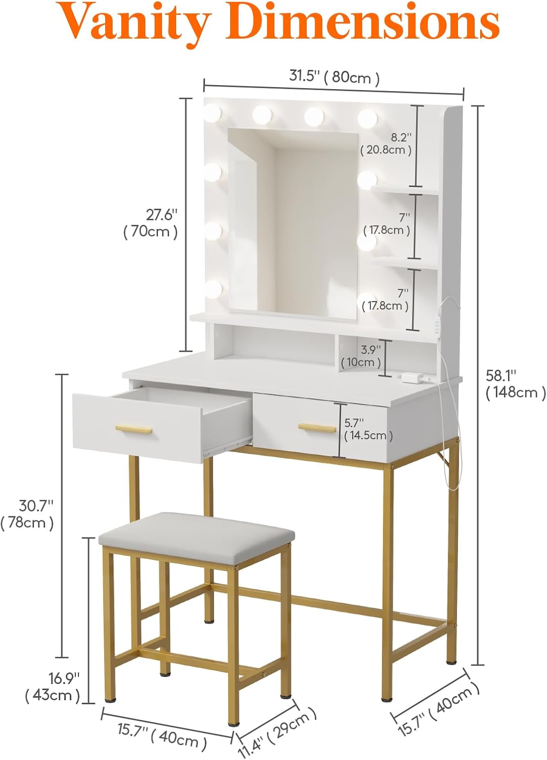 White Vanity with Mirror, Lights, and Gold Legs