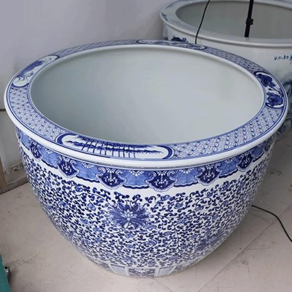 NEBE Pecera Pecera de pie for Patio, pecera de cerámica Azul y Blanca, Sala de Estar, Tanque de Tortuga, Maceta de Loto de Lirio de Agua al Aire Libre Pecera Simple De Lujo Ligera (Size : M)