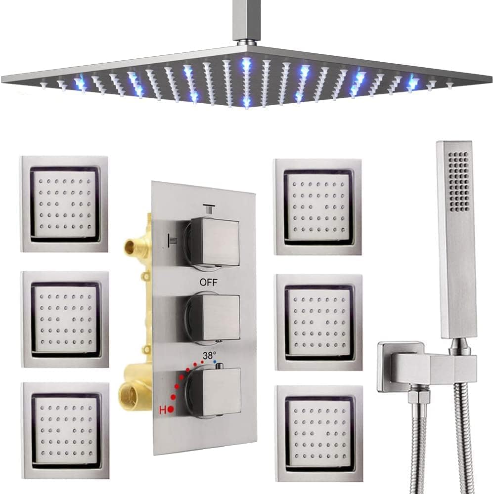 AYIVG Brushed Nickel Rainfall Shower System Full Body Spray Thermostatic Rain Shower System 16 Inch LED Square Rainfall Shower Head Ceiling Mount With 6 PCS Body Spray Mixer Set