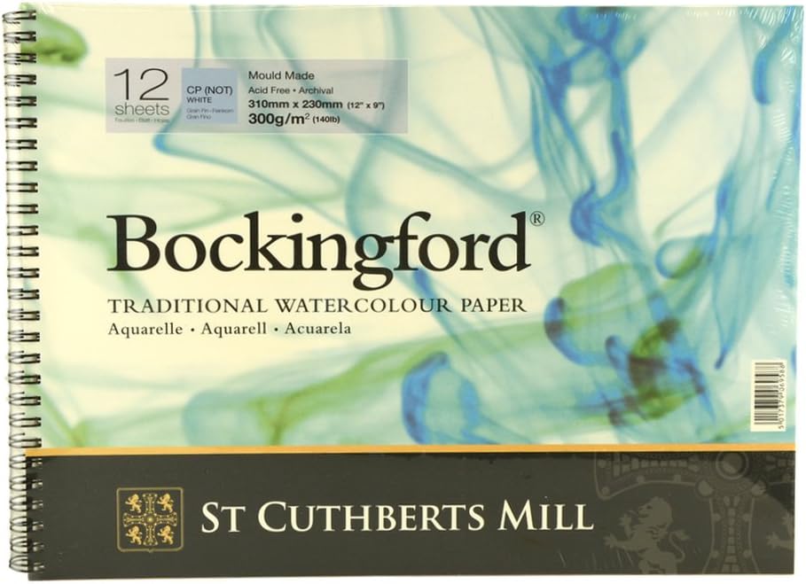 St. Cuthberts Mill Bockingford Watercolor Paper Spiral Pad - 12x9-inch White Water Color Paper for Artists - 12 Sheets of 140lb Cold Press Watercolor Paper for Gouache Ink Acrylic Charcoal and More