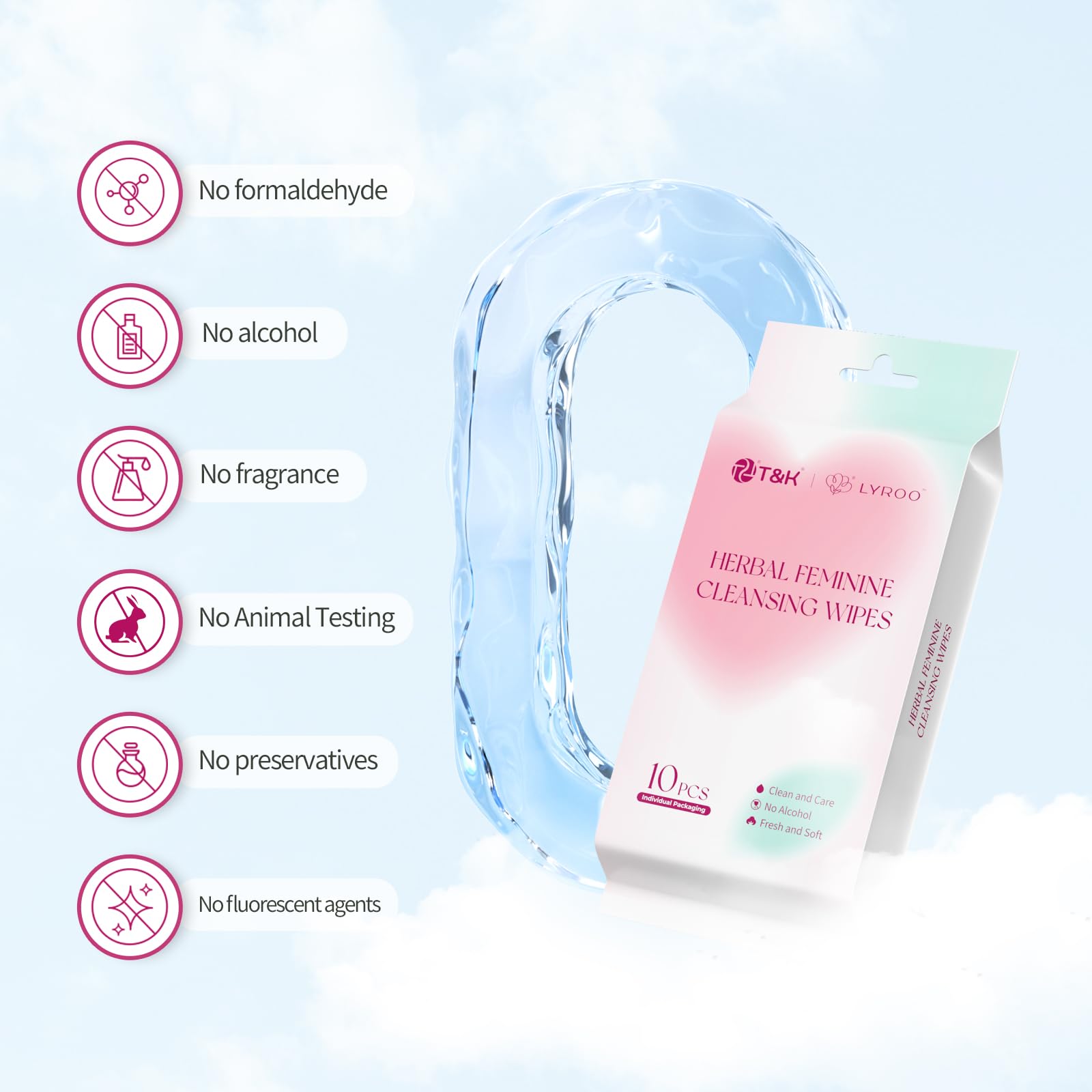 T&K Herbal Feminine Wipes - 10 Individually Wrapped, pH Balanced Intimate Care with Natural Botanicals for Sensitive Skin, Gentle Daily Use