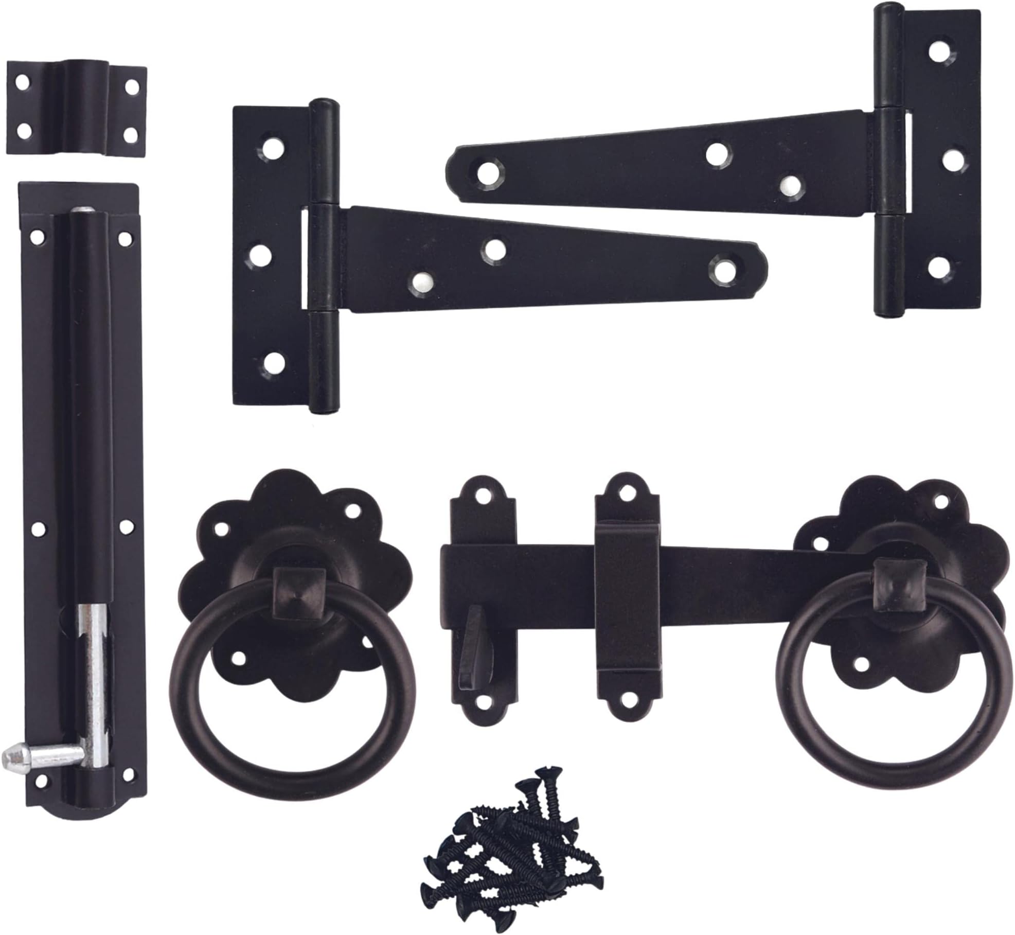 Keypak Shed Door Hardware Kit – Gate Latch, 2 Tee Hinges & Tower Bolt, Heavy Duty Complete Garden Gate Set