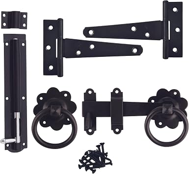 Keypak Shed Door Hardware Kit Gate Latch, 2 Tee Hinges & Tower Bolt Black