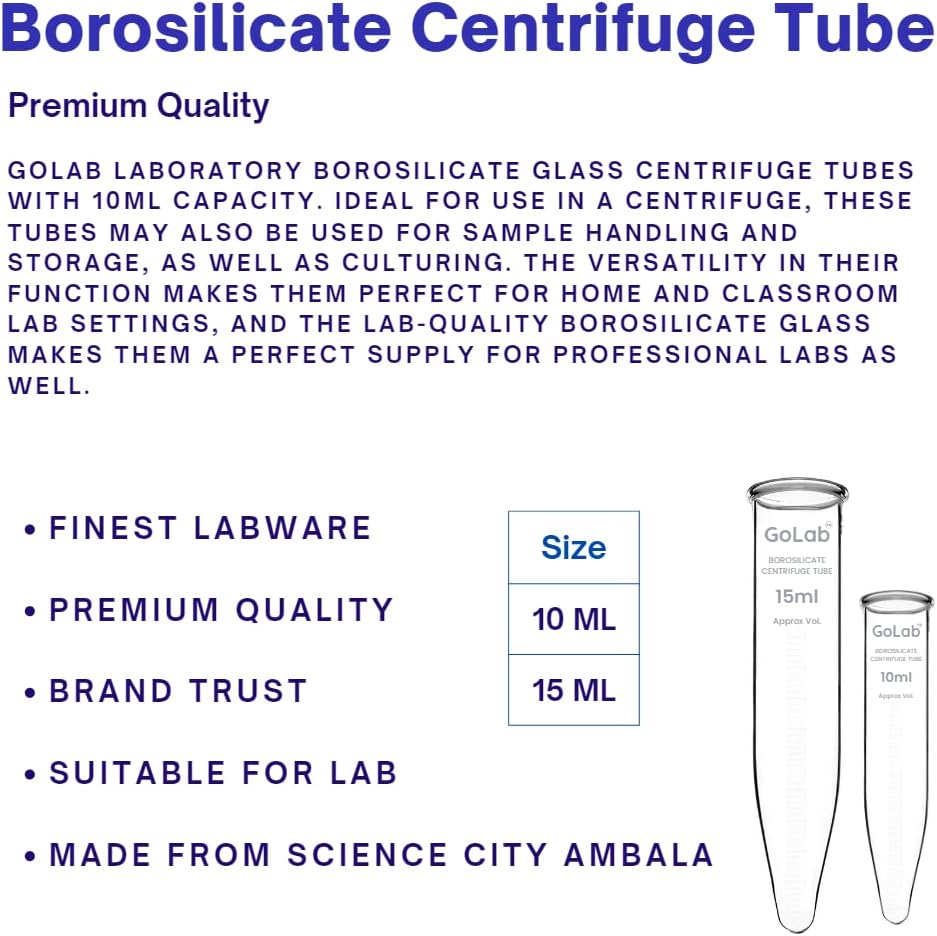 GOLAB Laboratory Premium Calibrated Borosilicate Glass Conical Shape Centrifuge Tube 15ml, 120mm x 17 (OD) mm - Pack of 5