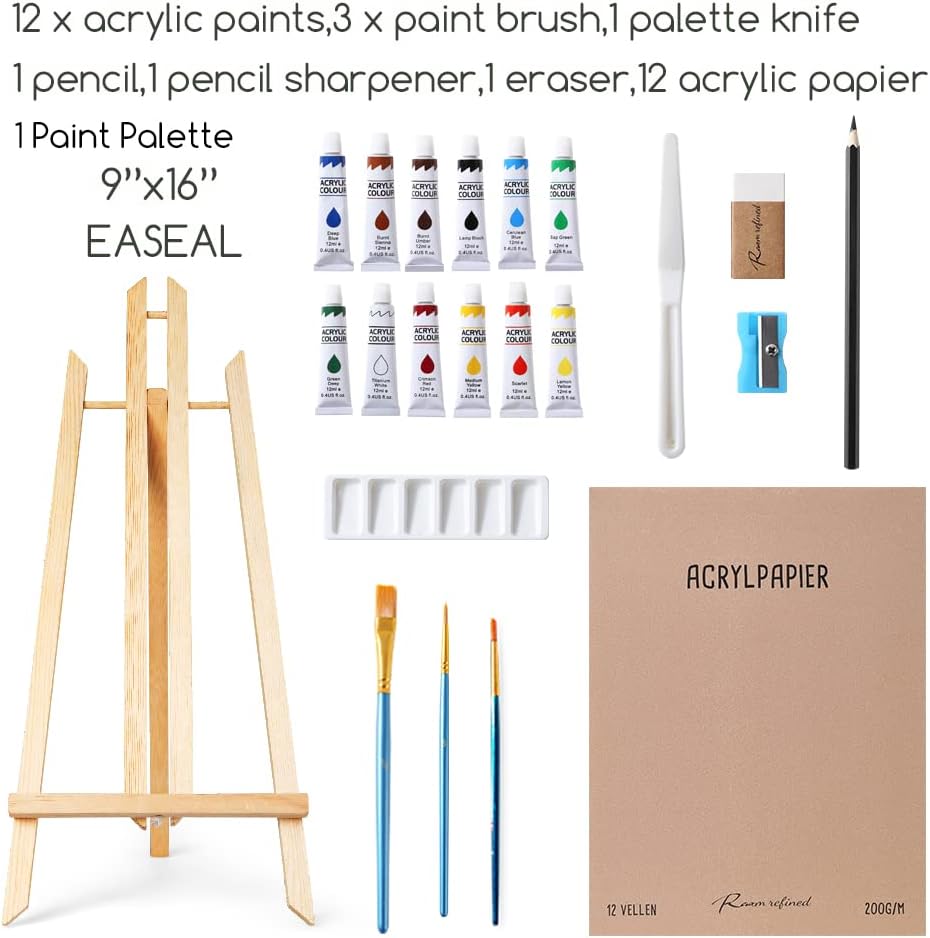Paint Set for Kids,Art Supplies for Kids 9-12 Includes 12 Acrylic Paints,Table Top Easel,3 Paint Brushes,12 AcrylPapier,Paint Palette,Pencil,Eraser,Palette Knife,Pencils Sharpener,Art Set for Kids