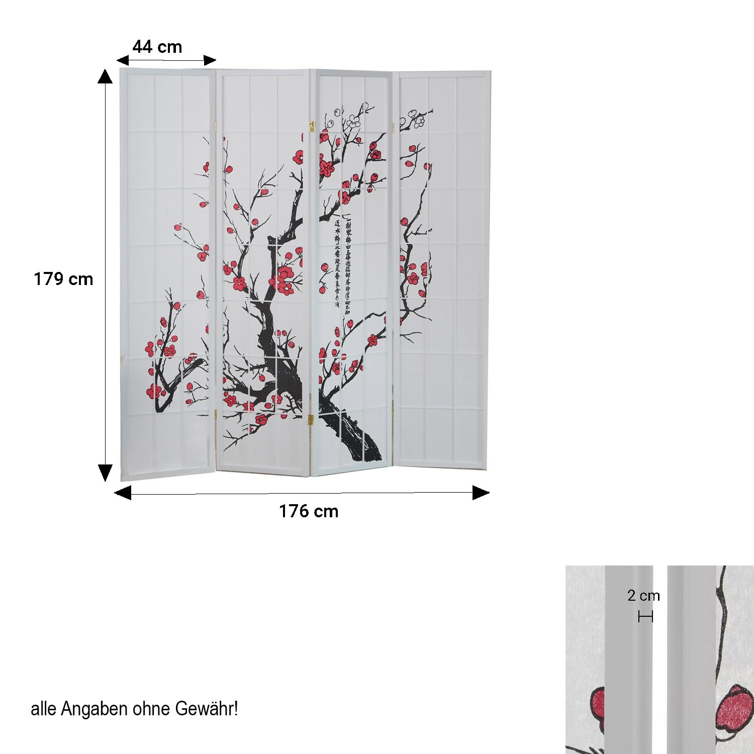 Homestyle4u Paravent 4 teilig Weiß Raumteiler Holz Shoji Reispapier Kirschblüten Shoji