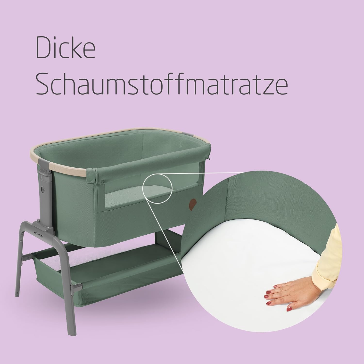 Maxi-Cosi Iora Culla Neonato, Culla Co-Sleeping 0-6 mesi, max 9 kg, Altezza Regolabile, Materassino Culla, Ampio Cestello, Beyond Green