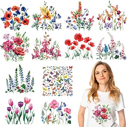 Fainne 12 Sheets Flower Iron on Decals Watercolor Transfers for Clothing, Flower Heat Transfer Stickers, Appliques for T-Shirts Jackets DIY Art Decor
