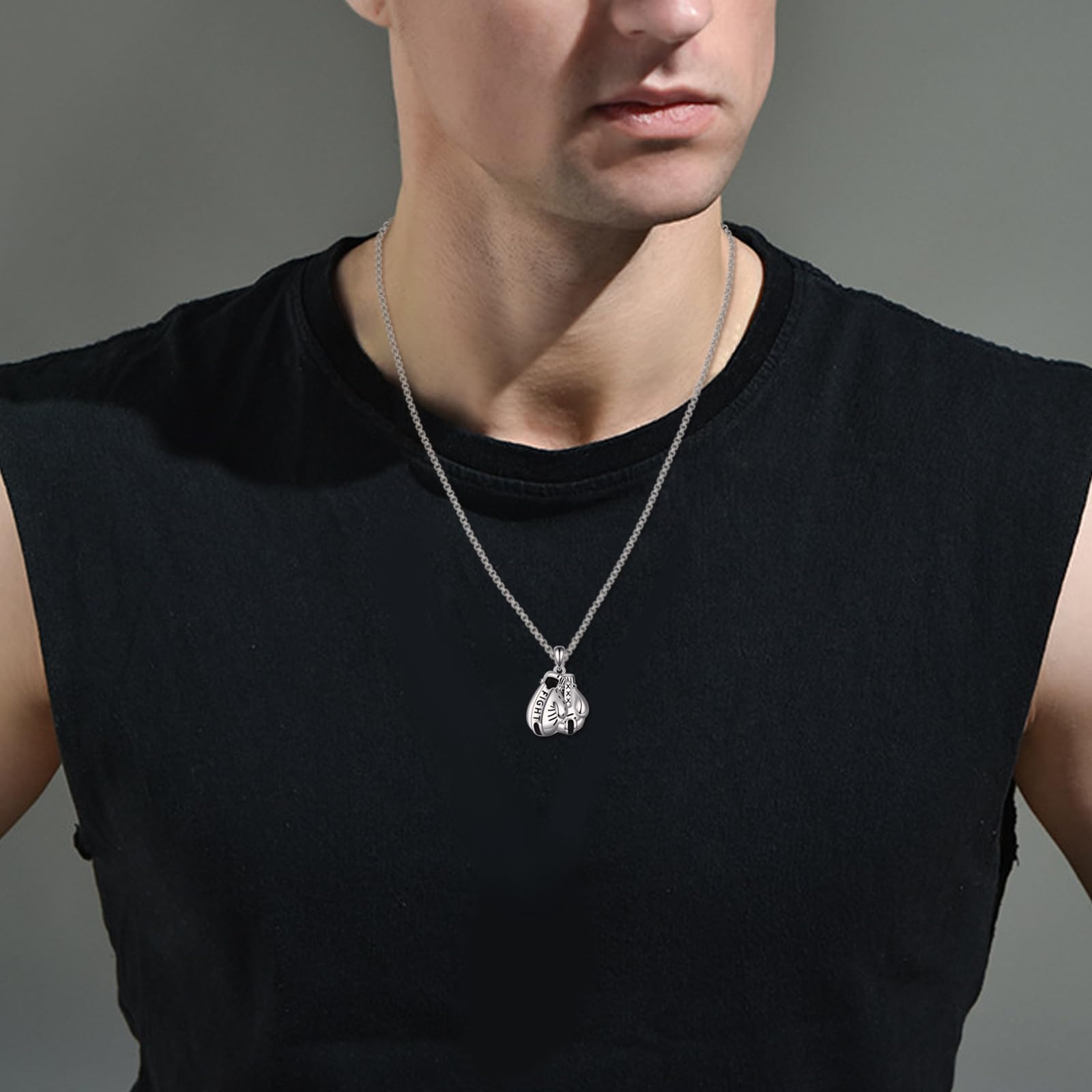 Collana in argento sterling "Never Give Up" con ciondolo guantoni da boxe, regalo per uomini