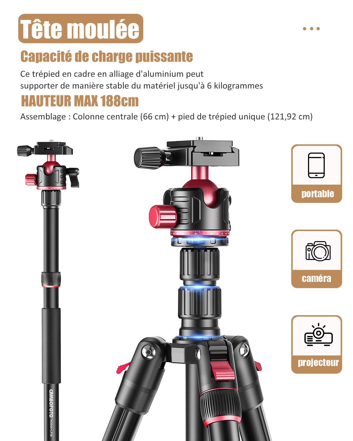 CAMBOFOTO 188cm Trépied pour Appareil Photo, Trépied & Monopode en Aluminium avec Tête Sphérique pour DSLR/SLR avec Sac de Transport Compatible avec Canon Nikon Jumelles Télescope Laser
