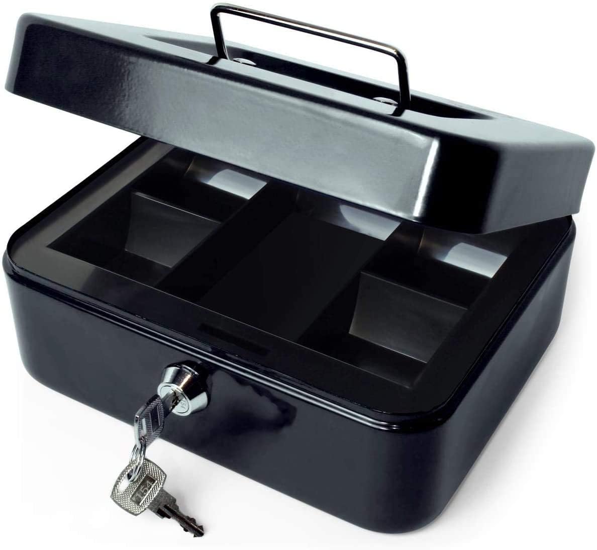 Cash Box with Money Tray and Lock - Black Metal Cash Box for Small Businesses - 9-Compartment Money Box with Lock and Key for Petty Cash, Checks, Coins, Portable Money Box for Cash Storage_-image-11