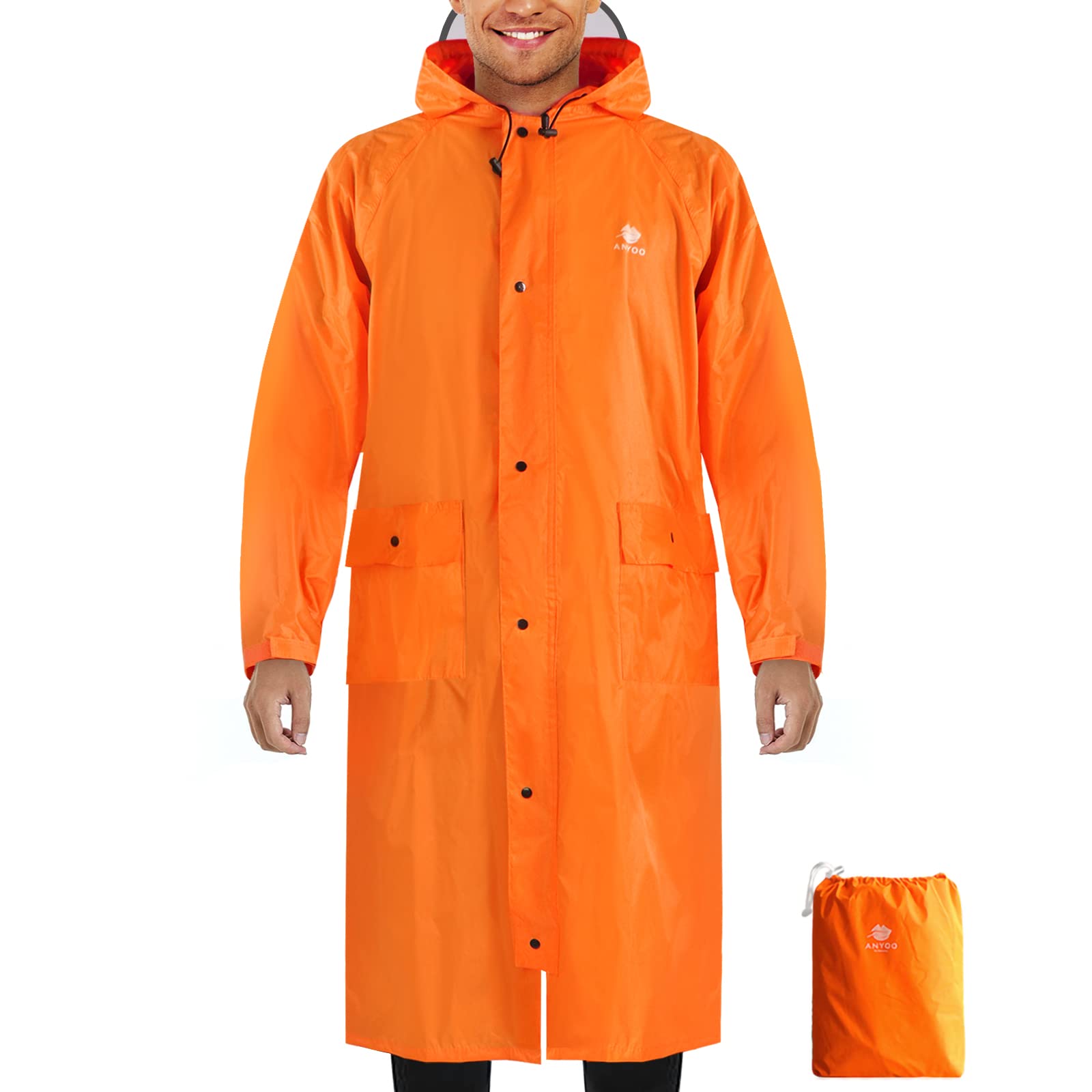 ANYOO Unisex Waterproof Lightweight Raincoat Long Hooded Rain Poncho with Pockets for Backpacking Hiking Camping Outdoors,Orange,One Size