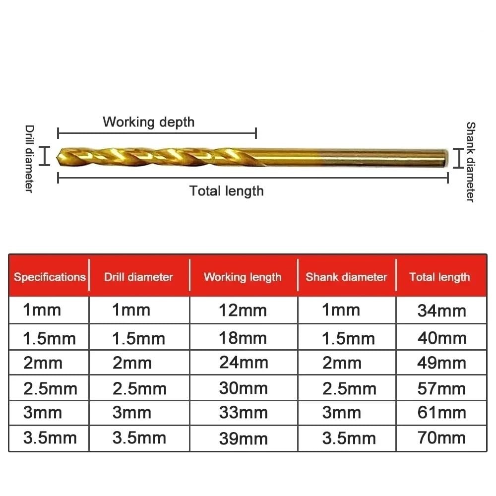 Lot de 50 forets hélicoïdaux HSS revêtus de Titane, 1/1,5/2/2,5/3 mm, for Bois, Aluminium et Plastique