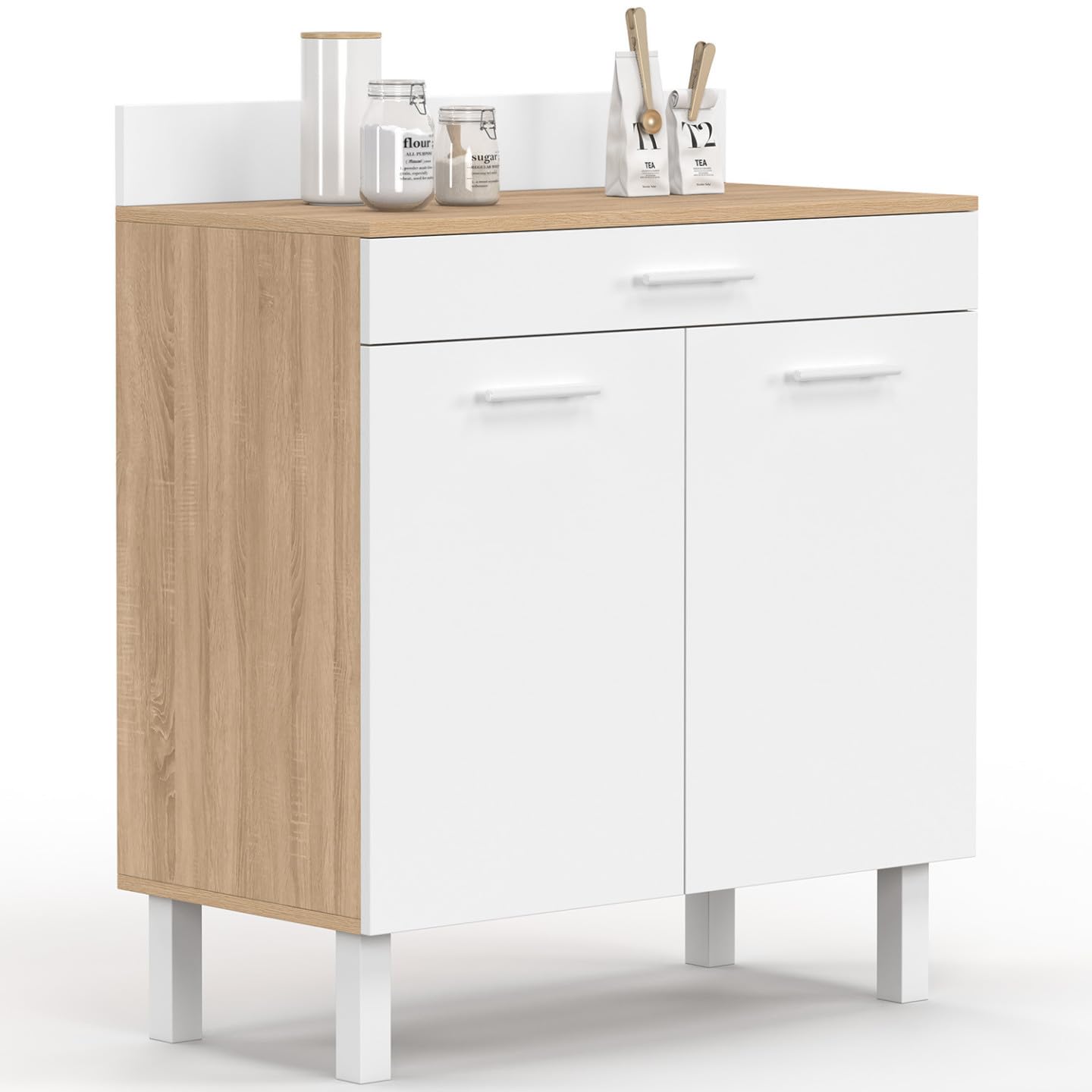 IDMarket - Buffet Bas de Cuisine 80 cm CINA Plan de Travail H.83 cm 2 Portes + tiroir façon hêtre et Blanc