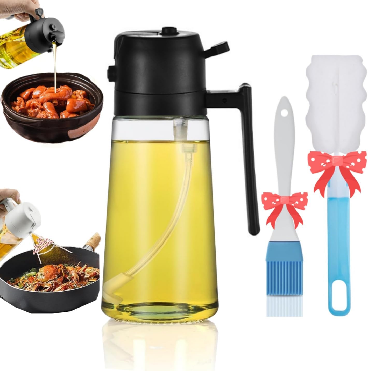 2 in 1 Upgraded Food-grade Oil Dispenser and Mister, 16oz/470ml for Cooking, Olive Oil Sprayer Bottle with Brush for Air Fryer, Salad, BBQ (Black)