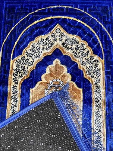 Image of Janamaz Prayer Mat Turkey Soft Velvet | Namaz Mat, Janimaz Namaz Aasan, Islamic Prayer Rug for Salah | 70x110 CM (Printed Blue3)