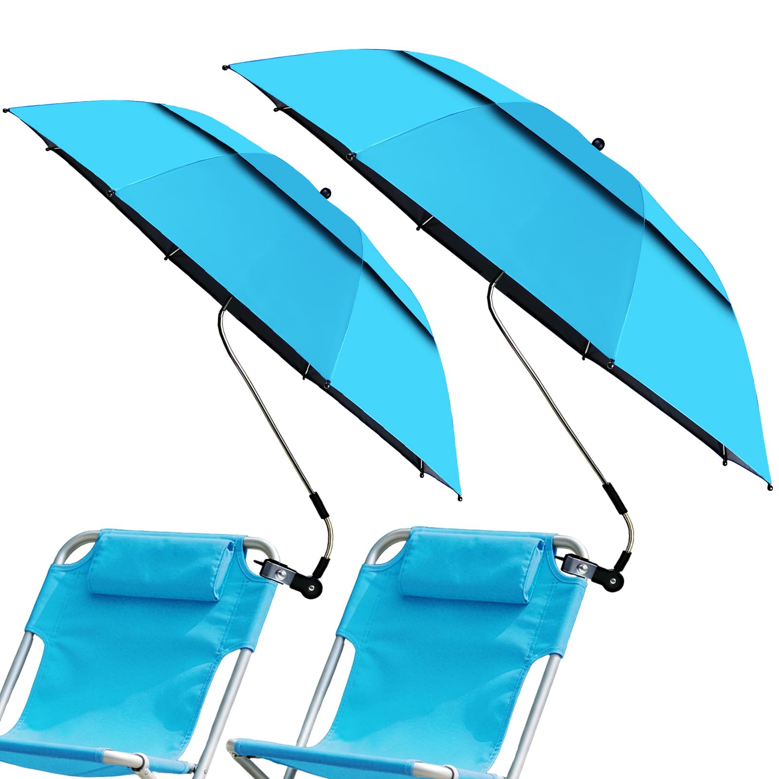 WingFly 2 Pack Beach Chair Umbrella with Clamp, UPF50+ Double Canopy Umbrella with clip, 360°Adjustable Portable Outdoor Wheelchair, Patio, Golf Carts,Camping(Not Include Chair) (light blue)