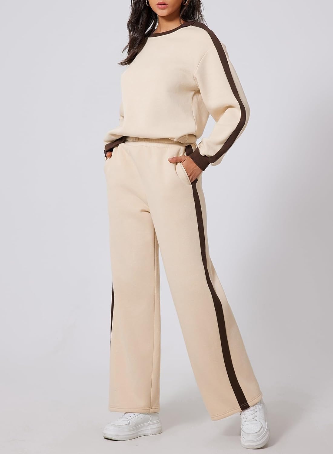 Herseas Women 2 Piece Outfits Color Block Sweatsuit Casual Fleece Lounge Matching Sets - Image 2