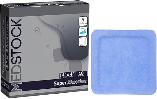 MEDSTOCK Apósito súper absorbente, 4 x 4 pulgadas (paquete de 10), cuidado de heridas, máxima absorción, soporta volúmenes adicionales de exudado,