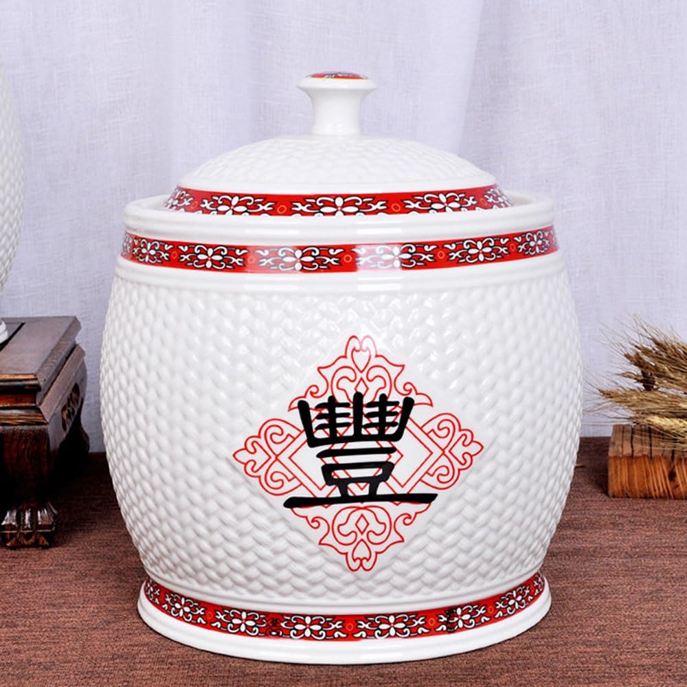 SXYHCK Chinese Sealed Ceramic Rice Pot Ceramic Rice Bucket With Lid, Grain Storage Container Porcelain Food Dispenser For Snacks Candy Coffee Beans(Style B,5kg/11lbs)