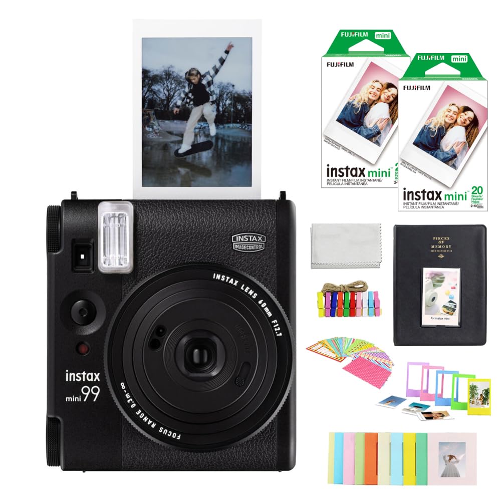 FUJIFILM INSTAX Mini 99 Instant Film Camera Bundled with INSTAX Mini Instant Film | 40 Exposures + Black Album and Stickers + Cleaning Cloth (5 Items)