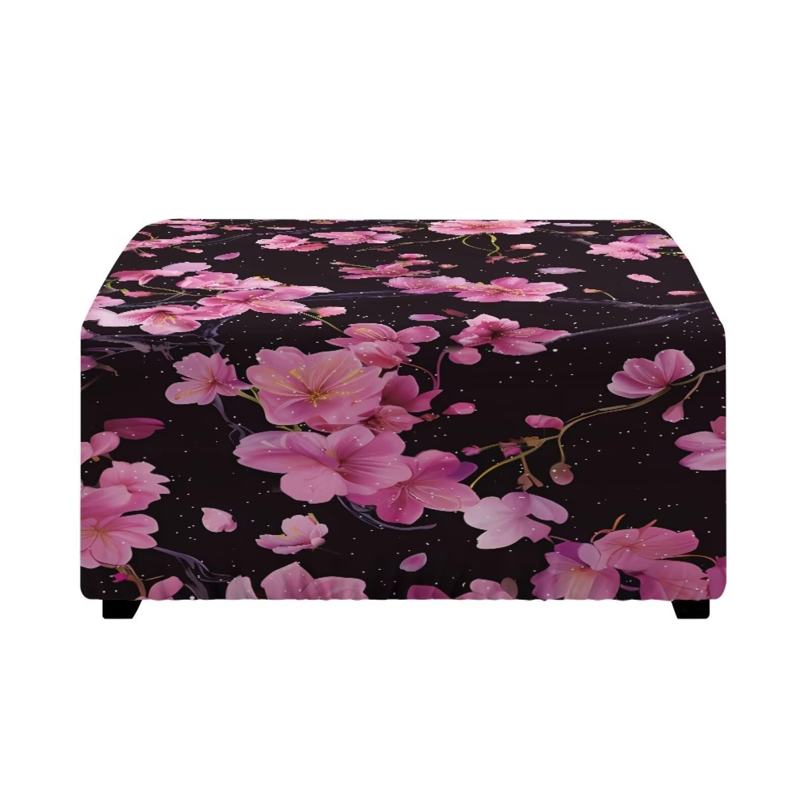 Xoenoiee Stretch Ottoman Cover Square Footstool Slipcover Folding Storage Stool Protector Nonslip Footrest Ottoman Cover with Elastic Bottom, Pink Cherry Blossom, Large