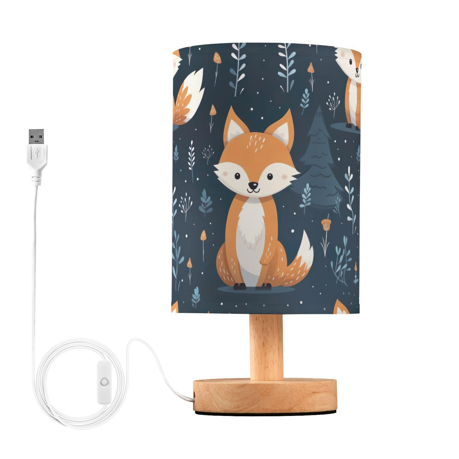 UMIRIKO Bedside Lamp Cute Fox Animal Table Lamp with USB Port Wood Base for Living