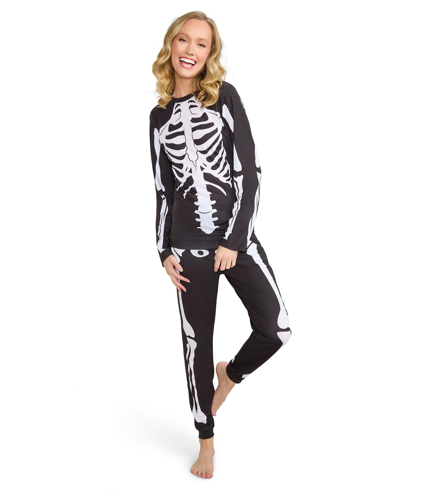 Halloween Pajamas for Women - Black PJ Set with Fun Spooky Icons & Long Sleeve Crew Neck