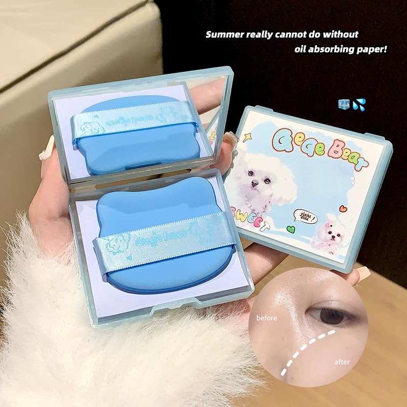 Gege Bear Oil Absorbing Blotting Papers | Matte Skin Instant Results | Compact Mirror Powder Puff Set | Ultra-Thin Oil Absorbing Sheets | Best Blotting Papers for Makeup Touch-Ups Kit (#02, 100pcs) 2