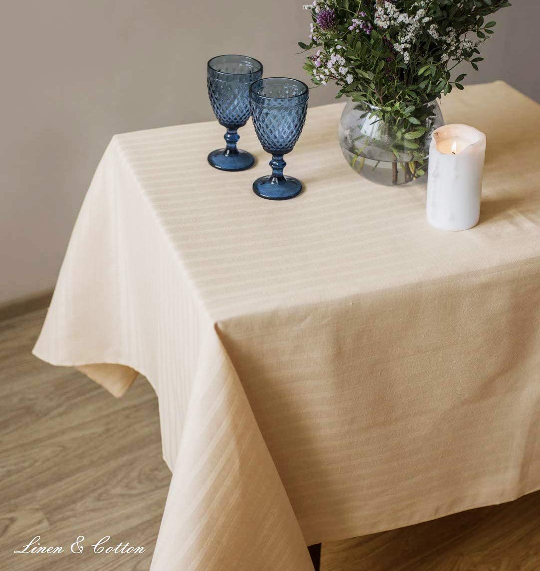 LINEN & COTTON Tovaglia da Tavola Elegante Jasmine - 48% Lino, 52% Cotone, Crema/Rosa Cipria (150 x 350 cm) Tovaglia Rettangolare Grande Lunga per Matrimonio Banchetto Compleanno Ristorante Albergo