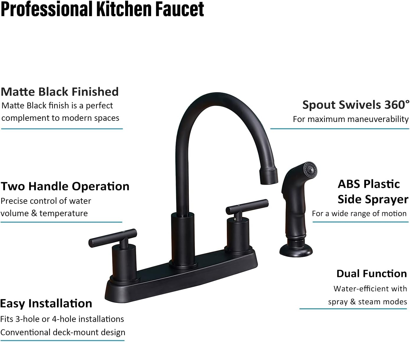 Black Kitchen Faucet, Matte Black Kitchen Faucet with Sprayer, 3 Hole or 4 Hole Matte Black Faucet for Kitchen Sink, Touch Kitchen Faucet with Side Sprayer,TDLKF024B - Image 3