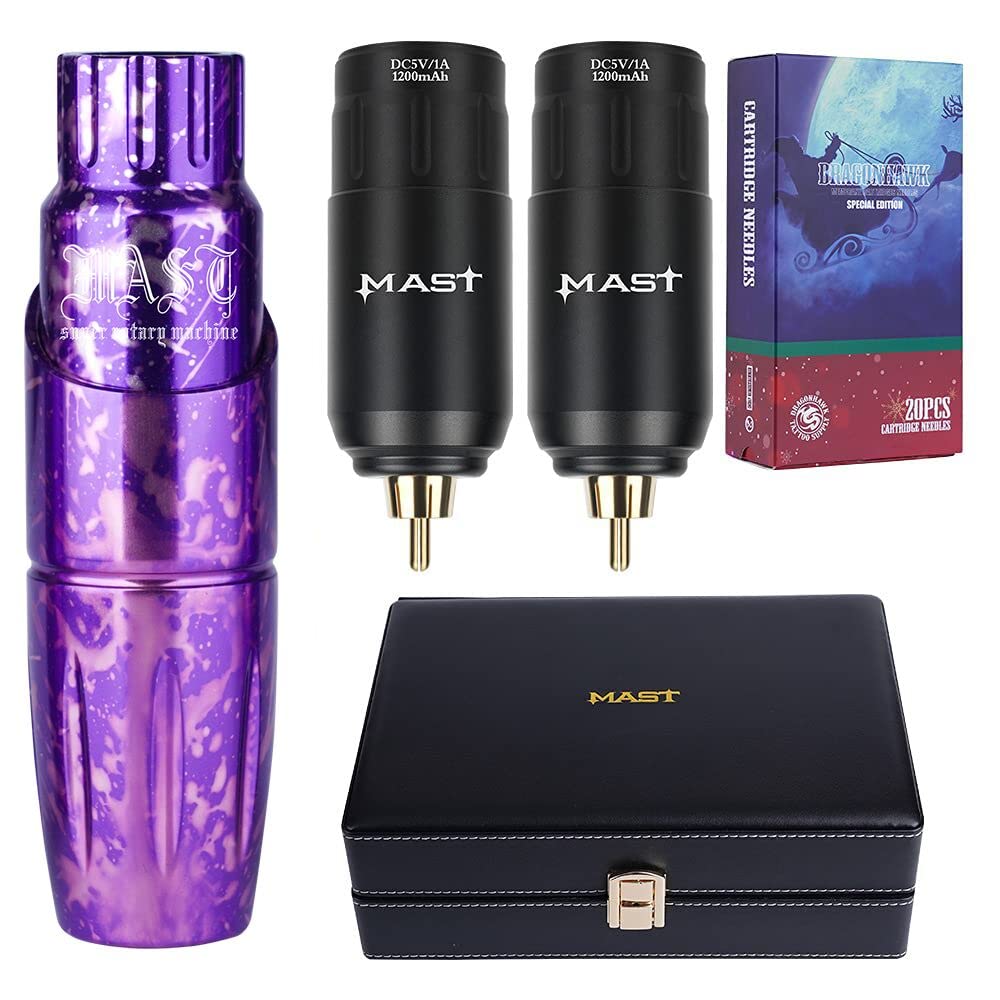 Mast Tattoo Maschine Kit P20 Wireless Rotary Tattoo Pen Machine Kit,2 pcs Wireless Chargeble Battery Power Supply with Digital Diplay 20pcs Tattoo Cartridges Needles