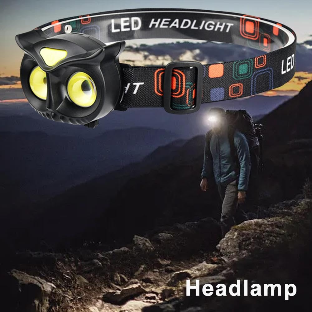 Linterna frontal LED, faro delantero de búho para niños y adultos, ligero, lámpara de cabeza COB, 4 modos de luces de cabeza alimentadas por batería para acampar al aire libre, senderismo, regalos