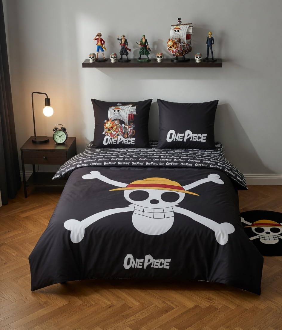 One Piece Bettwäsche 4-teilig Jolly Roger 240x220 + Spannbettlaken 140x200 | Mikrofaser Oeko-Tex | 2 Kissenbezüge 63x63 | Jolly Roger Thousand Sunny | Offizielle Lizenz | Teenager 15-30 | Wendbar