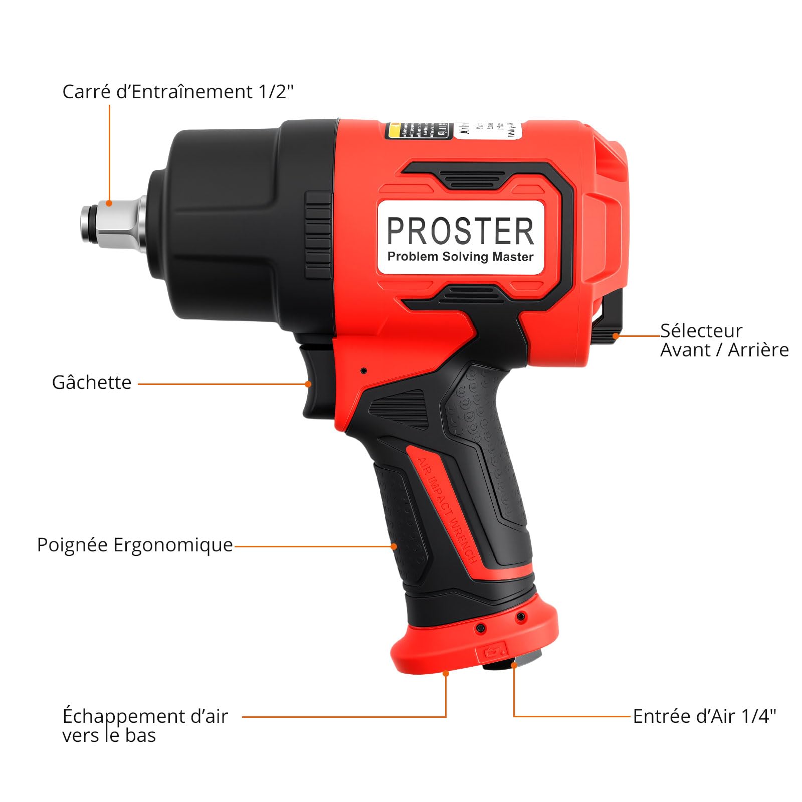Proster Clé à Chocs Pneumatique 1/2 Pouce, 2170 Nm Couple Élevé, Double Marteau 8500 tr/min, Outil à Air Comprimé pour Réparation Automobile Garage Mécanicien avec 8 Douilles CR-V, Rallonge et Coffret