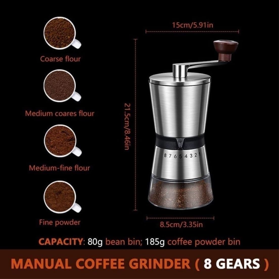 Molinillo de café,Molinillo de café Manual, Molinillo de café Manual con 8 configuraciones de Grosor Ajustables Molinillo de café con manivela y muelas de cerámica