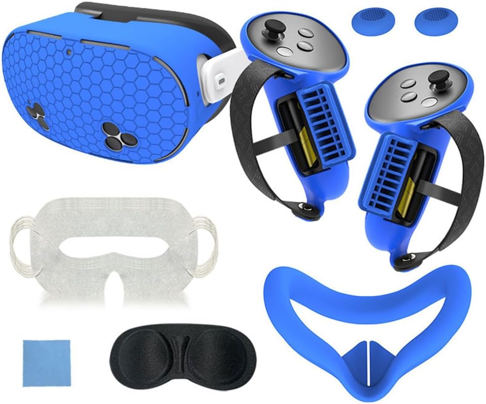 7 in 1 Silicone Cover Set Compatible for Meta Quest 3S Accessories, Protective Cover Set for Meta Quest 3S Cover Set, Controller Grip Cover, Soft Shell Cover, Lens cover, Face Cover (Blue)