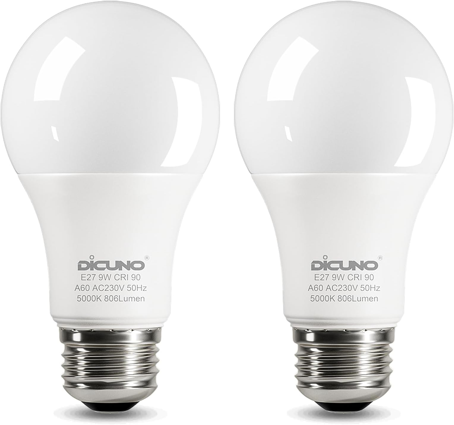 DiCUNO E27 Screw LED Bulb 9W, Daylight White 5000K, 60 Watts Halogen Equivalent, Large Screw in Light Bulb, 806LM, Non-Dimmable, ES High CRI 90 Lightbulbs for Lamp, 2 Pcs