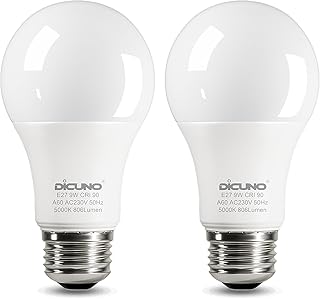 DiCUNO E27 Screw LED Bulb 9W, Daylight White 5000K, 60 Watts Halogen Equivalent, Large Screw in Light Bulb, 806LM, Non-Dimmable, ES High CRI 90 Lightbulbs for Lamp, 2 Pcs