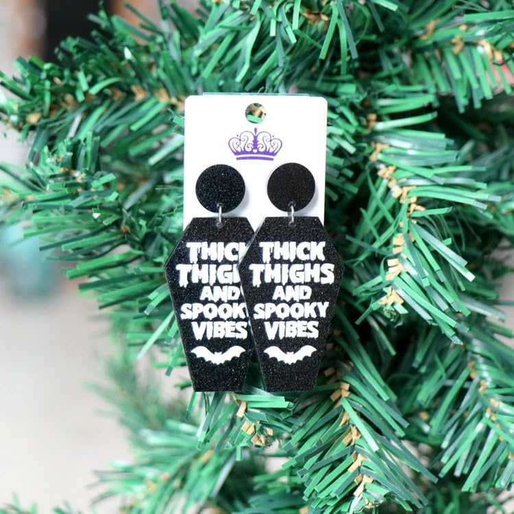 Thick Thighs & Spooky Vibes Earring Earrings Coffin Casket Witch Cauldron Black Glitter Sparkle Magic Spell Pot Crescent Goddess Ghost2