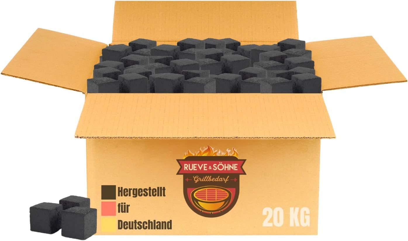RUEVE&SÖHNE - 20 KG BBQ Grillkohle 26er | Naturkohle aus Kokosnussschalen m
