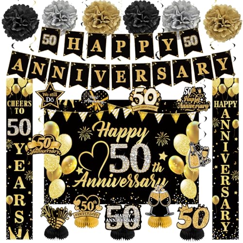 Happy 50th Wedding Anniversary Decorations Kit, Black Gold Happy 50th Anniversary Party Supplies Door Banner Decorations, Backdrop, Table Centerpieces, Hanging Swirl, Paper Pompoms