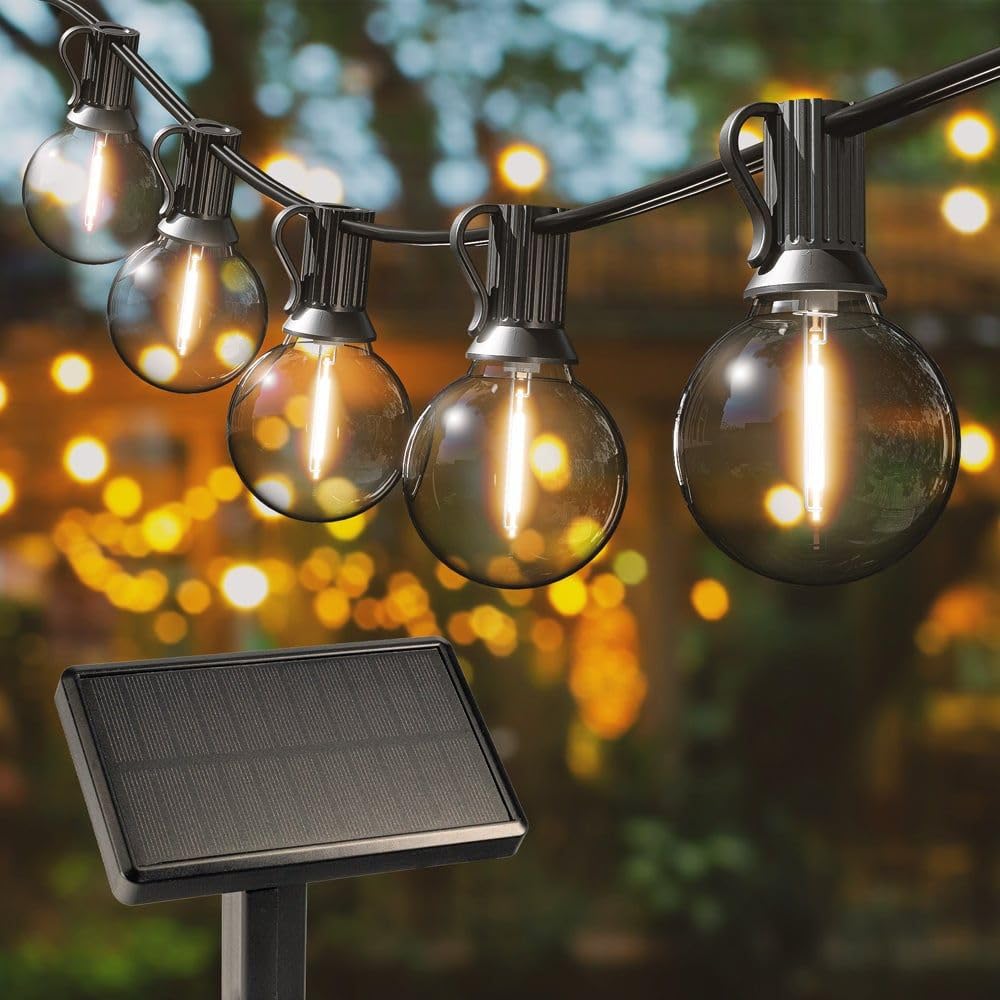 HOFTRONIC - Catena luminosa solare esterna 7 metri - 25 lampadine - 4 modalità di illuminazione - Luce bianca calda 2700 K - Interruttore crepuscolare - 25 Watt 750 lumen - Impermeabile IP44