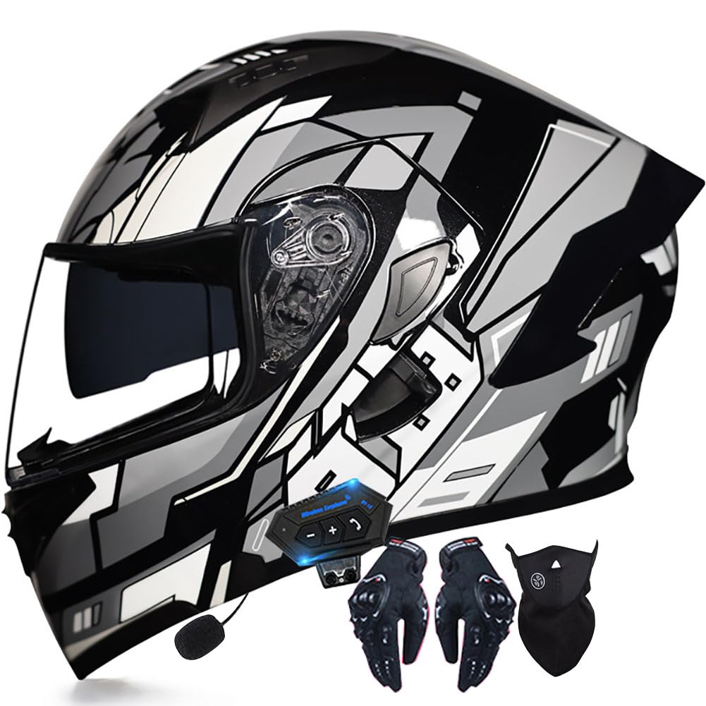 Casco Moto Modular Bluetooth Incorporado ECE Aprobado con Doble Visera Anti Niebla Cascos Moto Integral Flip Up Guantes y Mascarilla Reducción de Ruido para Hombre y Mujer S~XXL