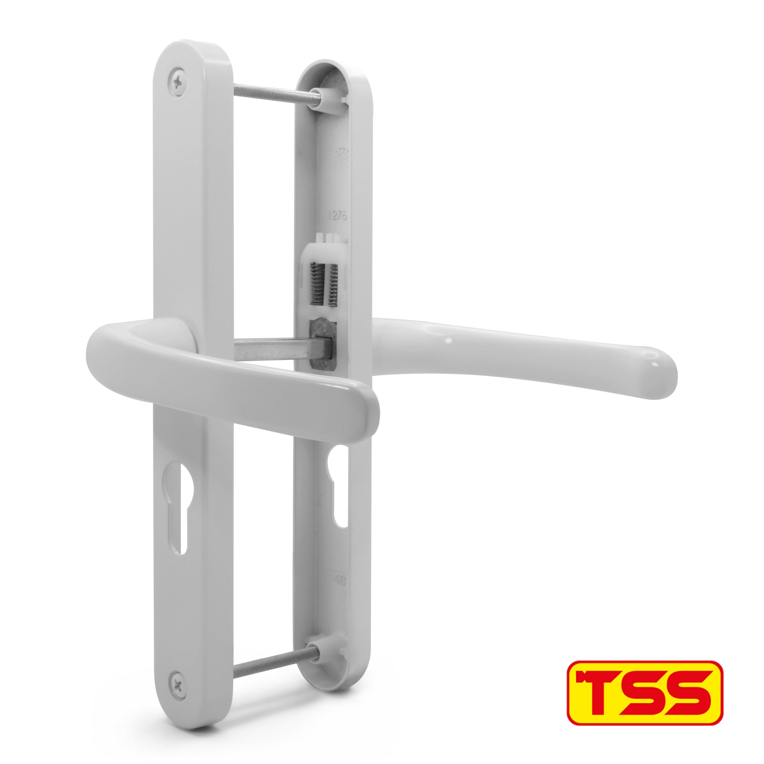 TSS UPVC Door Handle Pair Set With Offset Levers, 92/62mm PZ Centres (Internal = 92mm / External 62mm), Sprung, 200mm Screw To Screw, Backplate 250mm X 34mm (Polished Chrome - View #8
