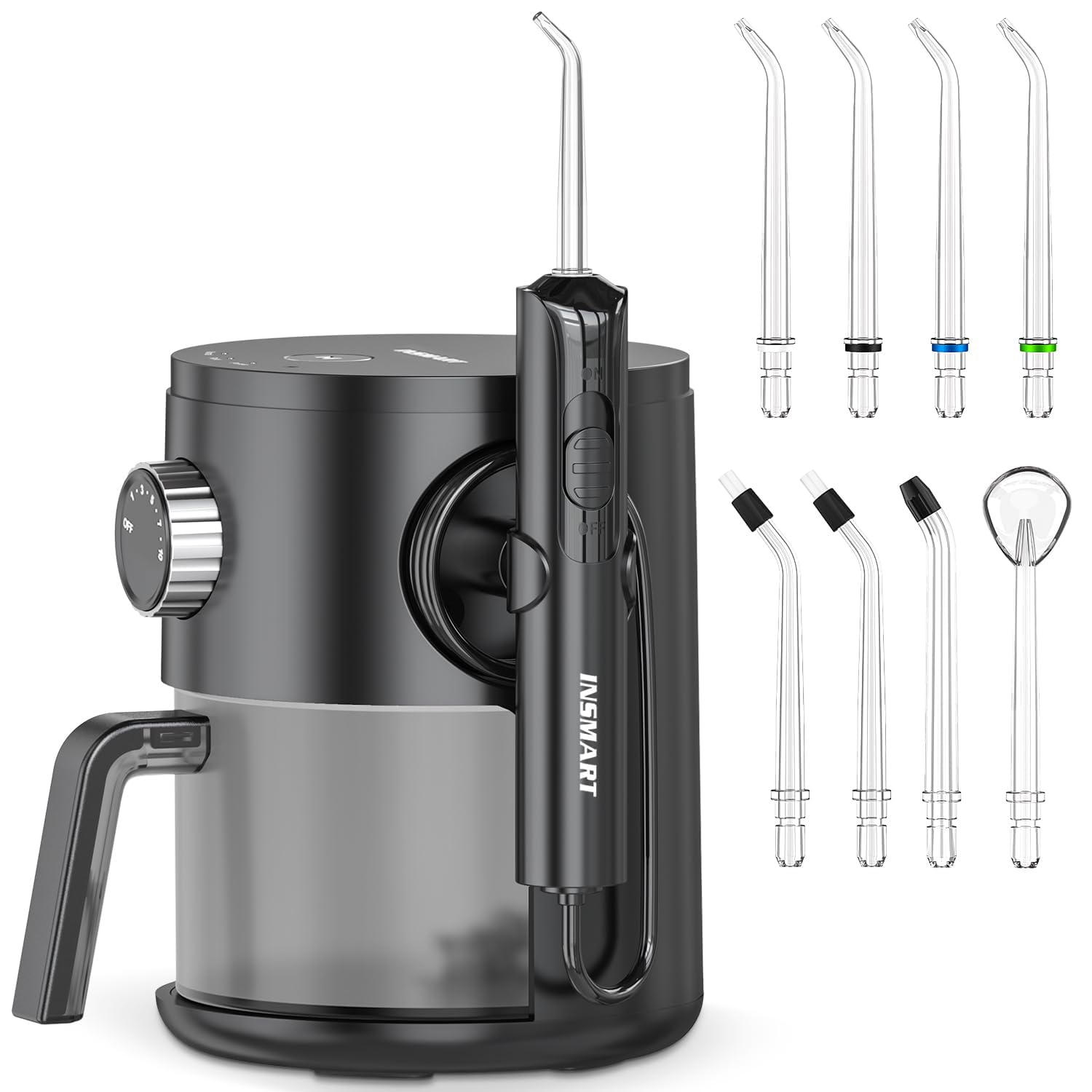 INSMART Idropulsore professionale per denti/gengive/parentesi, 10 livelli di pressione, 8 punte a getto d'acqua per la famiglia, 600 ml, irrigatore dentale elettrico per la pulizia dei denti